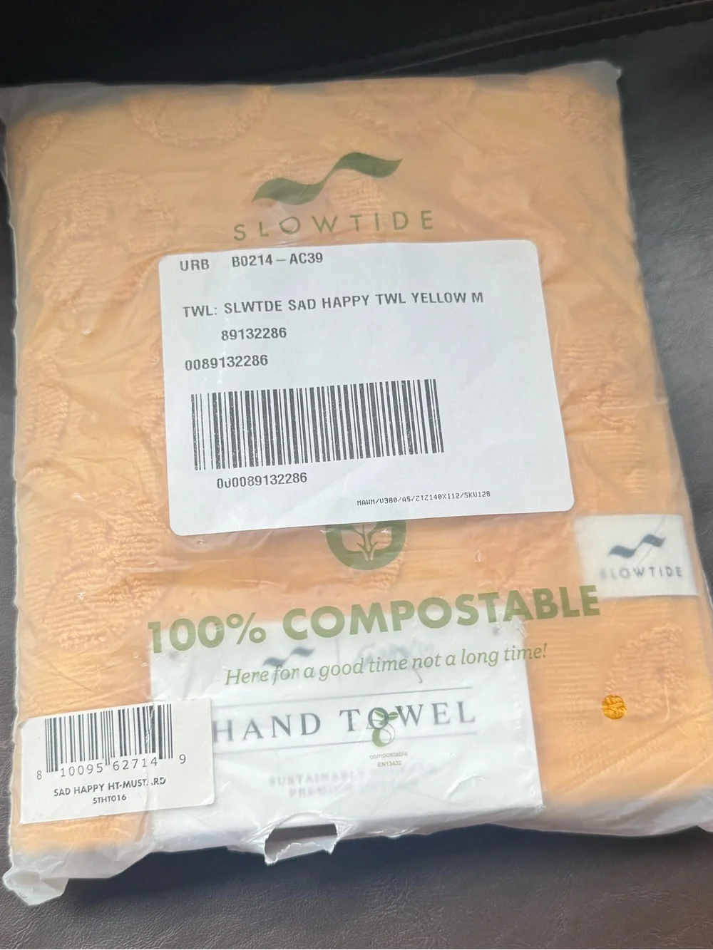 Urban outfitters happy sad Yellow Hand Towel - Compostable Packaging